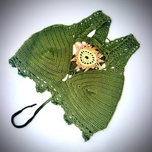 Never worn! Handmade Olive Green Crochet Crop Top with Sun Accent